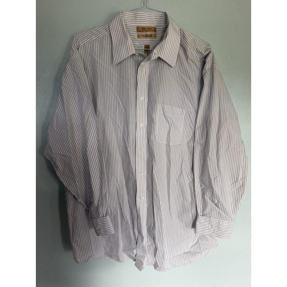 Roundtree & Yorke Gold Label Men Striped Button Down Shirt 18 34 Big Gold White